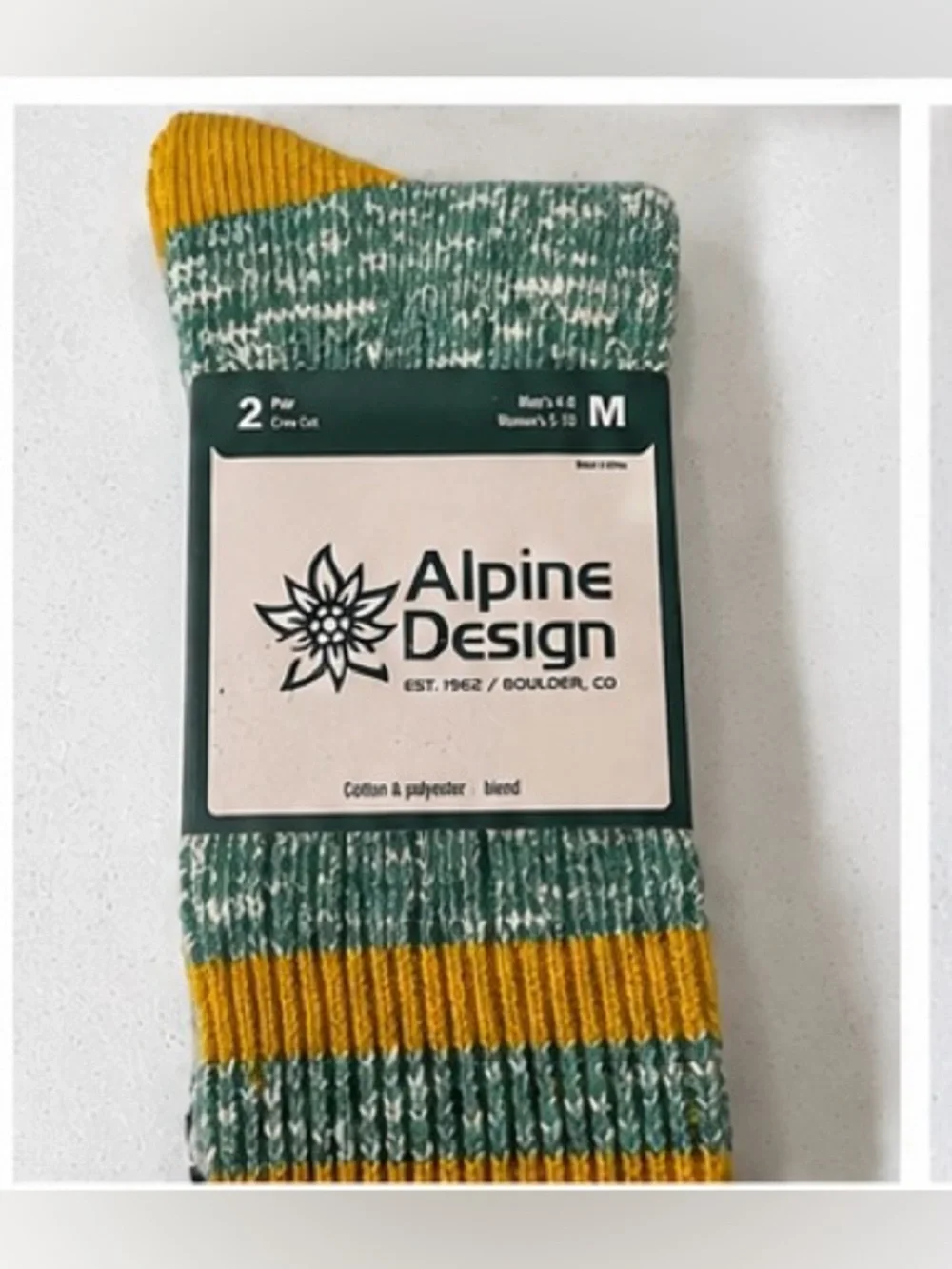 Alpine Design Rag Knit Crew Socks 2 Pair Pack Green, Navy, Yellow Size Medium (M